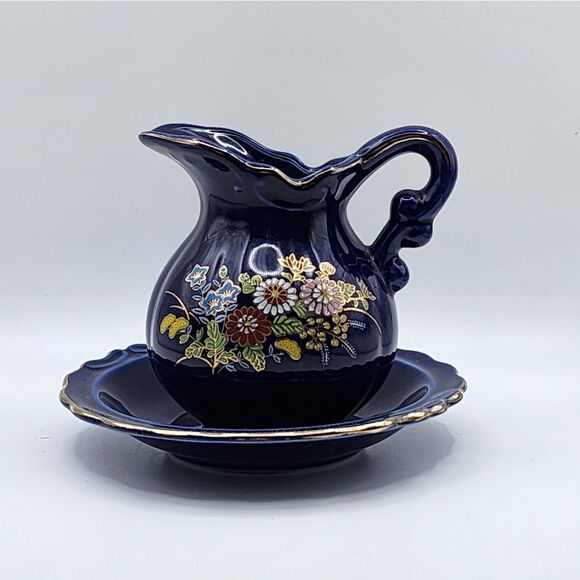 Vintage Mini Cobalt Blue Pitcher and Bowl Set Japan Floral Peacock Pattern - Picture 1 of 6